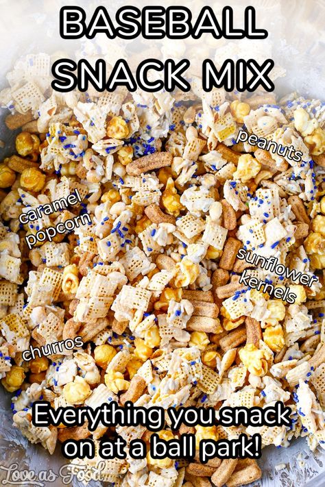 Take me out to the ball game! Or make me this baseball snack mix full of all the best treats at a baseball game! Churros, popcorn, peanuts and sunflower kernels are a ball park mainstay. 

#baseball #dodgers #snackmix #chexmix Ball Park Snacks, Baseball Park Snacks, Baseball Potluck Ideas, Baseball Party Snacks, Feed The Team Meal Ideas, Ball Park Food Ideas, Baseball Food Ideas, Ball Park Food, Baseball Game Snacks