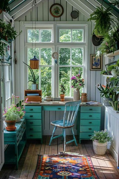 She Shed Office Ideas, Shed Office Ideas, She Shed Art Studio, She Shed Interior Ideas, She Shed Decorating Ideas, She Shed Office, She Shed Interior, Cottage Garden Sheds, Garden Shed Interiors