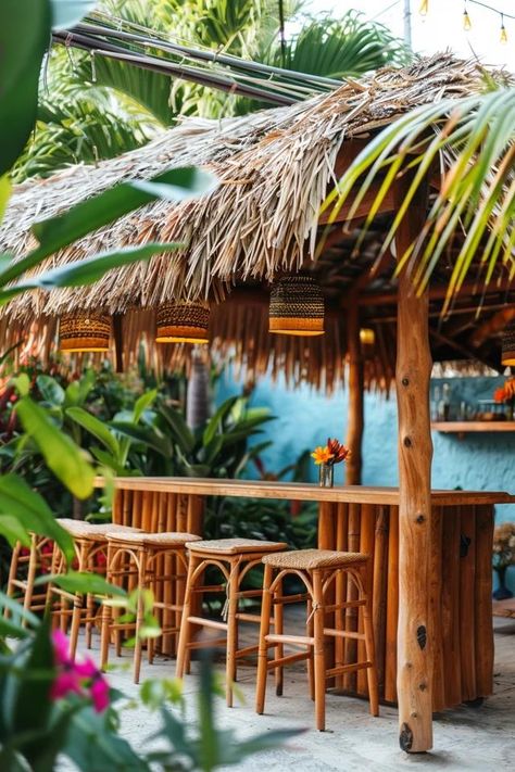 Tropical Backyard Palapa Ideas for Your Oasis Tiki Backyard Ideas, Tropical Pergola, Hawaiian Backyard, Cabana Ideas Backyard, Tiki Backyard, Cabana Ideas, Unique Backyard, Tropical Retreat, Balcony Bar