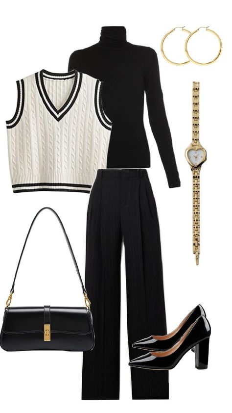 Elevate your office style this fall with this chic casual work outfit! This layered look combines a classic cable-knit vest over a sleek black turtleneck, paired with tailored pinstripe trousers for a polished yet relaxed vibe. Accessorize with statement gold jewelry, a structured handbag, and timeless block heels for the perfect balance of sophistication and comfort. Ideal for casual office days or coffee meetings, this outfit is both versatile and stylish. #FallWorkOutfit #CasualOfficeStyle #LayeredLook #FallFashion #Workwear #BusinessCasual #ChicOutfit #FallOutfitInspo #StyleInspiration #OfficeAttire White And Black Vest Outfit, Vest Over Turtleneck Outfit, Knit Vest Winter Outfit, Block Heels Outfit Casual, Belted Outfits Women, Vest With Turtleneck Outfit, Sweater Vest Office Outfit, Black Knitted Vest Outfit, Black Turtleneck Outfit Layering