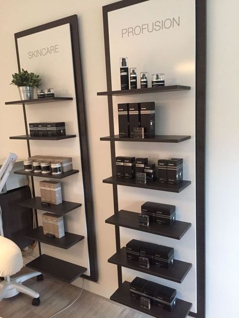 Salon Products Display, Salon Retail Display, Salon Shelves, Hair Salon Interior Design, Salon Interior Design Ideas, Nail Salon Interior Design, Beauty Salon Interior Design, Nail Salon Interior, Home Hair Salons