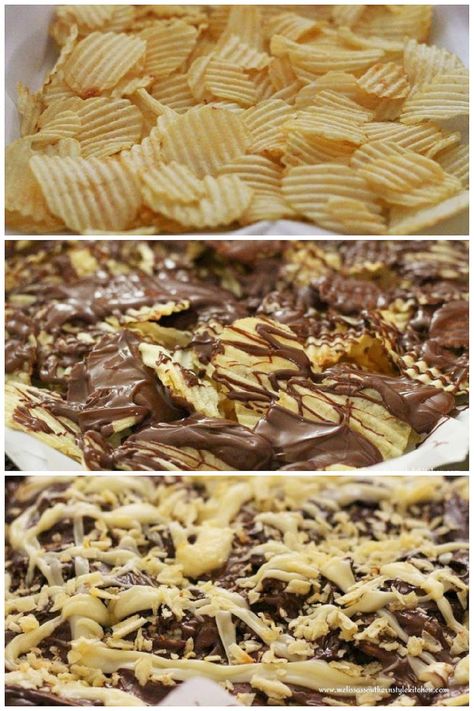 This Triple Chocolate Potato Chip Bark is a must-make for the sweet and salty fans in your life #potatochips #potatochipbark #candybarkrecipes #triplechocolate #candy #chocolatebark #chocolatedippedpotatochipsrecipe Potato Chip Bark, Candy Bark Recipes, Chocolate Potato Chips, Chocolate Covered Potato Chips, Potato Chip Recipes, Potato Chip Cookies, Christmas Cookie Recipes Holiday, Chocolate Deserts, Easy Candy Recipes