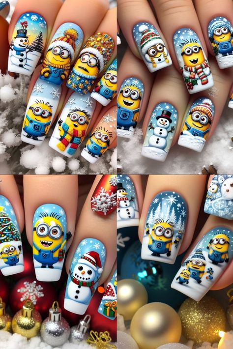 Minion Mania: Winter Nail Art Extravaganza! ❄️☃️ Dive into the holiday spirit with cute Minions frolicking in the snow on your nails. Explore the whimsy of winter with snowflakes, snowmen, and festive flair! 💅✨ #WinterNailDesign #MinionHolidayFun Minion Christmas Nails, Frosty The Snowman Nail Art, Cartoon Nail Art Designs, Minions Nails, Olaf Nails, Minion Nail Art, Snowman Nail Art, Turkey Nails, Minion Nails