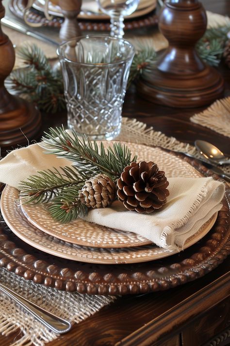 If you love a cozy, rustic look, use burlap placemats and wooden chargers. Add a simple white or cream table runner and decorate with pinecones, mason jars filled with cranberries and candles. You can also use small logs or slices of wood as unique trivets. Cream Table Runner, Christmas Table Setting Ideas, Vintage Christmas Table, Burlap Placemats, Wooden Chargers, Cream Table, Holiday Table Centerpieces, Table Setting Ideas, Christmas Table Setting