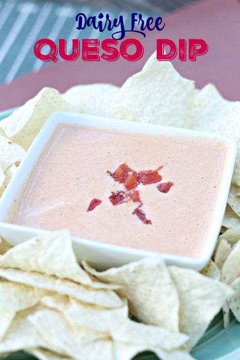 This dairy free queso dip has all of the flavor and texture you love without the meat, the dairy or the gluten. Quick to make and palate pleasing, it's sure to be a hit for your next Monday Night Football viewing- or anytime! Lactose Intolerant Recipes, Dairy Free Recipes For Kids, Dairy Free Queso, Dairy Free Dressing, Dairy Free Mashed Potatoes, Queso Dip Recipes, Dairy Free Treats, Dairy Free Snacks, Monday Night Football