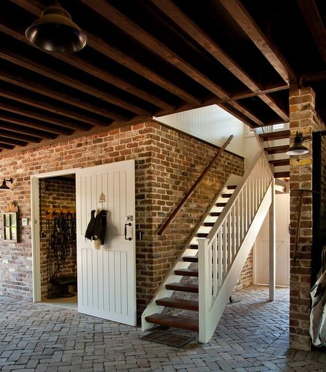 Saddle up in our stable to remember: Looking back at our custom made barn door and recycled brick flooring for our clients stable. . .… Brick Stables, Shop Mezzanine, Stables Conversion, Stable Conversion, Dream Barn Stables, Making Barn Doors, Recycled Brick, Barn Interior, Equestrian Estate