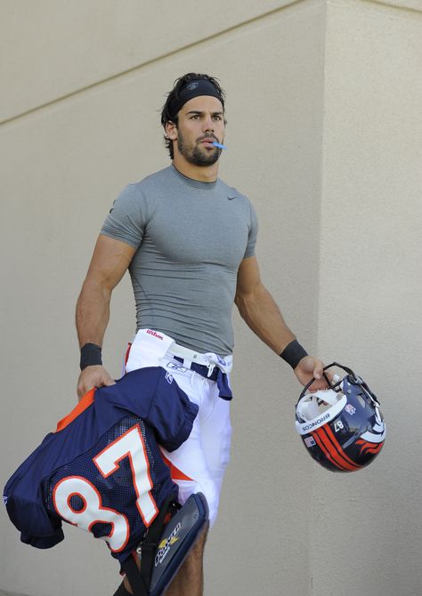 Wide receiver Eric Decker (87) takes to the field during training camp at the Denver Broncos football training facility in Englewood, CO, on Monday, Aug. 1, 2011. (AP Photo/Jack Dempsey) Eric Decker, Go Broncos, Denver Broncos Football, Broncos Football, Male Celebs, Broncos Fans, Denver Broncos, Man Crush, Beards