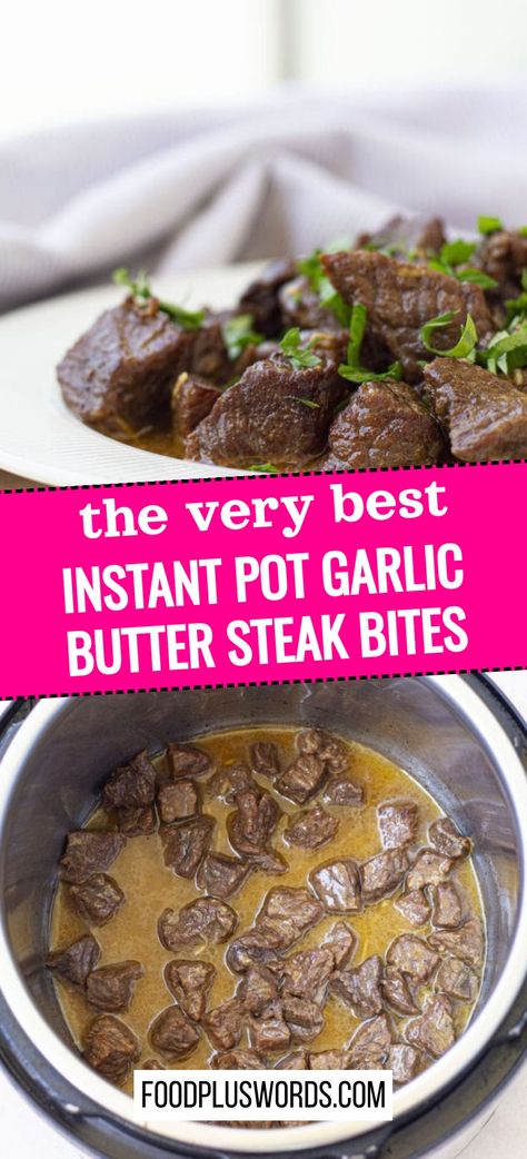 Check out these amazing Instant Pot Garlic Butter Steak Bites! They are super tender and tasty. You can use inexpensive cuts of steak to make this dish. With your pressure cooker, you can quickly create this delicious meal for dinner. The garlic butter adds a wonderful flavor that everyone will love. Impress your family with this simple yet flavorful recipe using your Instant Pot! So pick up some beef, gather your ingredients, and get cooking in no time at all. Steak Pressure Cooker, Steak Slow Cooker, Beef Steak Recipe, Instant Pot Steak, Pressure Cooker Steak, Butter Beef, Sirloin Steak Recipes, Best Pressure Cooker Recipes, Round Steak Recipes