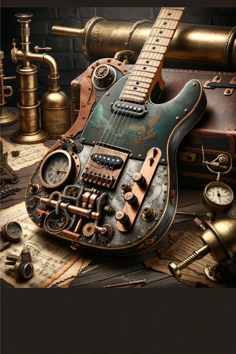 Strum the strings of history with our Steampunk Fender Telecaster, where the timeless twang meets the mechanical marvels of the past. This guitar is not just an instrument; it's a portal to an era where steam drives the rhythm and copper pipes carry the melody! #SteampunkTelecaster #IndustrialMelodies #VintageVibrations #CopperCords #RetroRiffs #MyGuitarLair If you could perform a duet with any musician from the past, who would it be and what song would you play on this steampunk masterpiece? Steampunk Tools, Steampunk Guitar, Hidden Passage, Copper Pipes, Steampunk Couture, Guitar Painting, Retro Industrial, The Melody, Guitar Gear