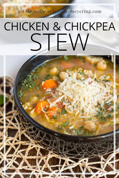 This beautiful stew comes together in about 30 minutes with diced chicken, soft carrots, and chickpeas. Cumin Chicken And Chickpea Stew, Chicken Chickpea Stew, Chicken Soup With Chickpeas, Chicken Chickpea Crockpot, Chicken Chickpea Soup Recipes, Chickpeas And Chicken Recipe, Chicken Chickpea Soup, Chicken And Chickpea Recipes, Chicken And Chickpea Soup