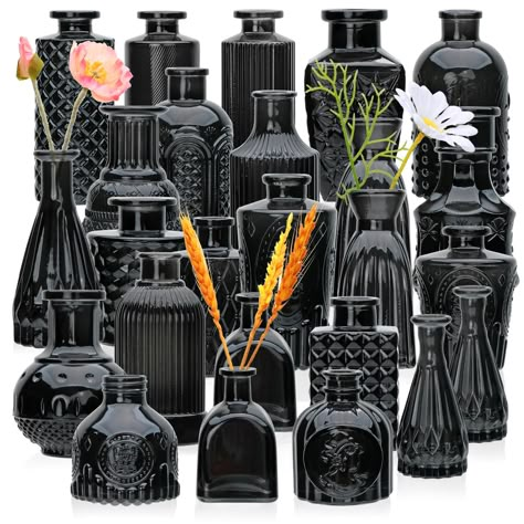 PRICES MAY VARY. VINTAGE DESIGN: Each small black vase has a beautiful embossed pattern,suitable for all seasons, various sizes and shapes, smooth lines,you can mix and match flowers with elegant vases as you like, velvet flowers and dried flowers are also good choices. PREMIUM QUALITY VASE：This mini vase has a small mouth, which makes the flowers in the vase more beautiful. Each vase has a unique pattern design, which is suitable for different styles and scenes. APPLICABLE OCCASIONS: Our glass Halloween Wedding Centerpieces, Mini Flower Vase, Black Vases, Black Centerpieces, Vintage Wedding Centerpieces, Dark Wedding Theme, Glass Bud Vases, Small Vases, Elegant Vases