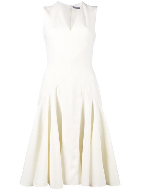 White Flare Dress, Low V Neck Dress, Alexander Mcqueen Dress, White Skater Skirt, White V Neck Dress, Mcqueen Dress, Flare Dresses, Alexander Mcqueen Dresses, Deep V Neck Dress