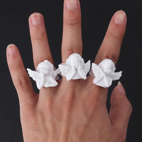 Trendy White Cute Cupid Angel Resin Ring For Women Men Vintage Creative Geometric Adjustable Finger Ring Fashion Jewelry Gifts|Rings| - AliExpress Angel Ring, Ring Fashion, Resin Ring, Stay Wild, Intp, Men Vintage, White Acrylics, White Acrylic, Finger Ring