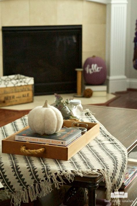 Fall Coffee Table Decor Fall Coffee Table Decor, Purple Couch, Easy Diy Ideas, Tabletop Fireplaces, Table Scarf, Fall Coffee Table, Coffee Table Centerpieces, Cozy Boho, Simple Coffee Table