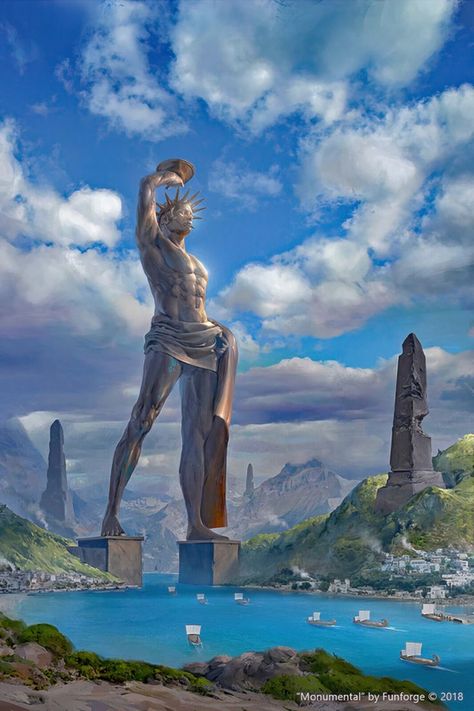 Colossus Of Rhodes Art, The Colossus Of Rhodes, Colossus Of Rhodes Tattoo, Latin Club, Colossus Of Rhodes, Greek Landscape, Ancient Greece Aesthetic, Greek Stories, Ancient Greek City