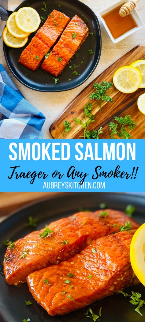 Hot Smoked salmon on a plate with sliced lemons. Smoked Salmon Rub, Treager Salmon Recipes, Pit Boss Salmon Recipes, Pellet Smoked Salmon, Salmon On Pellet Smoker, Salmon Smoker Recipes, Smoked Honey Salmon Recipes, Salmon Recipes On Traeger, Smoked Salmon Recipes Smokers