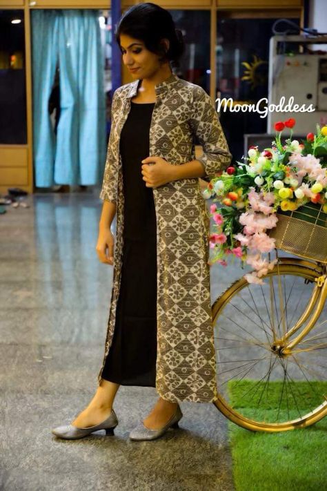 Ikkat Coats For Women, Overcoat Kurti Designs Latest, Kurta High Neck Design, Churidar With Overcoat, Coat Kurti Designs Latest, Long Over Coats On Kurtis, Over Coats On Kurtis Short, Overcoat Kurti Design Long, Over Coats On Kurtis