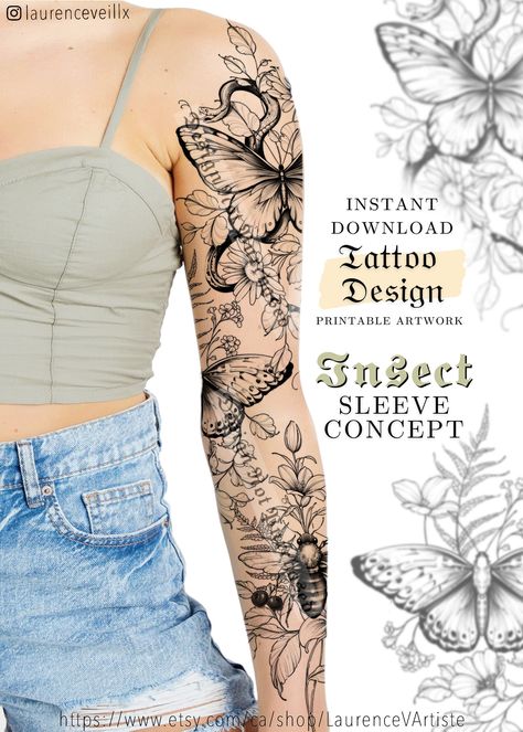 Sleeve Tattoo Design for Women Body Art 🖤 Butterfly Bee Snake Flower Animal Insect Tattoo Ideas I create feminine Tattoo Drawing Stencils that are ready to download and print ♡ DOWNLOAD INCLUDES: - Complete design files (Black and grey) - Stencil required for your tattoo artist ♡ NO WAITING TIME: This design is available for download immediately after purchasing You will see a link "See your files" which leads you to the Downloads page. From there, you can download all the files associated with Butterfly Bee Flower Tattoo, Insect Tattoos For Women, Flower And Insect Tattoo Sleeve, Animal Tattoos For Women Half Sleeves, Bug Sleeve Tattoo, Insect Sleeve Tattoo, Insect Tattoo Sleeve, Insect Tattoo Design, Sketches Women