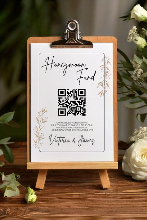 Looking for an elegant and modern way to display your Honeymoon Fund QR code? This floral honeymoon fund sign template is perfect for diy wedding brides who want a boho, modern and elegant look. Easily customize the design with your own text and colors.  Black and white wedding scheme   This minimalist honeymoon fund card is a perfect choice for a modern, elegant wedding.  Visit my Etsy shop for more wedding stationery to match this design. Honeymoon Fund Sign, Wedding Games For Kids, Wedding Coloring Pages, Modern Elegant Wedding, Qr Code Sign, Dream Honeymoon, Wedding Signs Diy, Aesthetic Wedding, Honeymoon Fund