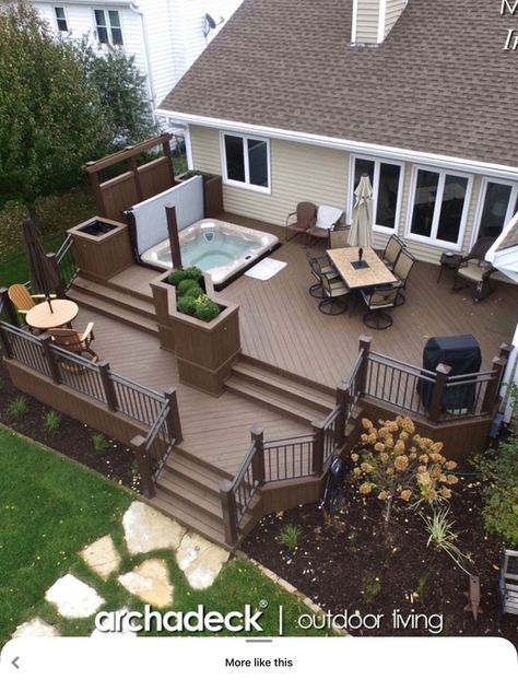 Backyard Landscaping With Screened In Porch, Hot Tub Back Deck Ideas, Deck Design Ideas Layout Outdoor Living, 2 Story Backyard Deck Ideas, Deck Along Back Of House, Deck Back Of House, Fenced In Deck, Amazing Outdoor Patios, Multi Layer Deck Ideas