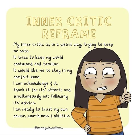 📷 @journey_to_wellness_ It can be challenging to establish a healthy dialogue with our inner critic, but when we look at it this way, maybe we can move softly and gently forward. Let us know how you're doing today? Image description: In the centre of an illustration with a light yellow background is an illustration of a person in a light brown top, right hand on their hip and left hand showing thumbs up. Next to them is a brown and black text which says: 'Inner critic reframe: My inner critic Counselling Tools, Today Images, Keep Me Safe, Mental Health Counseling, Daily Planner Pages, Inner Critic, Coaching Program, Planner Pages, Growth Mindset