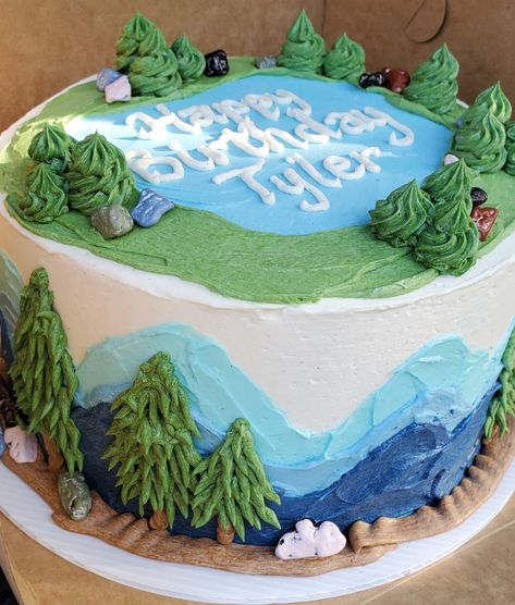 Lake/Mountain Cake Birthday Cake Nature Theme, Lake Cake Ideas, Lake Birthday Cake, Outdoor Birthday Cake, Nature Cake Ideas, Outdoorsy Cake, Mountain Cake Ideas, Bigfoot Cake, Grandmas Cake