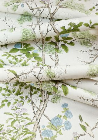 T13622 KATSURA Wallpaper Cream and Lavender from the Thibaut Grand Palace collection Katsura Wallpaper, Thibaut Wallpaper, Grand Palace, Schumacher Fabric, Chinoiserie Wallpaper, Beautiful Cottages, Blue Curtains, Floral Pillow Cover, Bird Tree