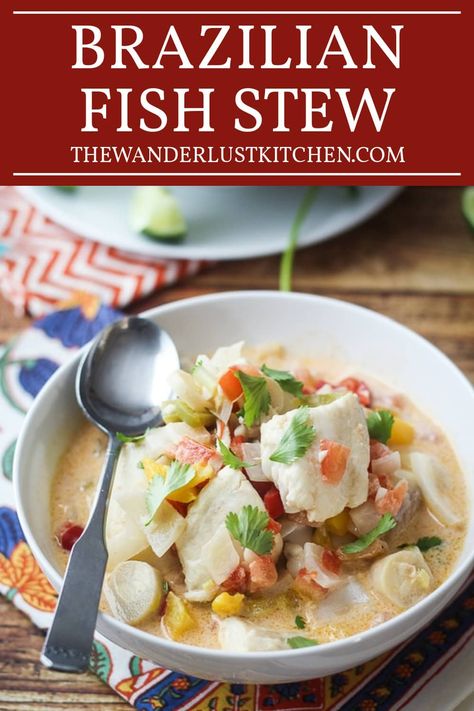 Brazilian Fish Stew Recipe (Moqueca) Moqueca Recipe, Fish Soup Recipe, Brazilian Fish Stew, Fish Stew Recipes, Med Diet, Cilantro Chicken, Fish Stew, Fish Soup, White Fish