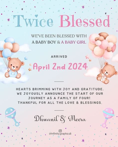 They have twins!!! 🩵🩷🥳 Congratulations proud parents Dhwanil & Meera 😇 . #twins #babyannouncement #babyshower #double #doubletrouble #babyshowerinvite #digitalinvitation #einvite #birthday #baby #babyshowerinvitations #littleangel #personalisedinvitations #babyreveal #boy #girl Twins Baby Announcement, Twin Baby Announcements Ideas, Twins Birth Announcement, Twins Pregnancy Announcement, Baby Arrival Announcement, Twin Baby Announcements, Twins Photography, Twin Birth Announcements, Twins Announcement