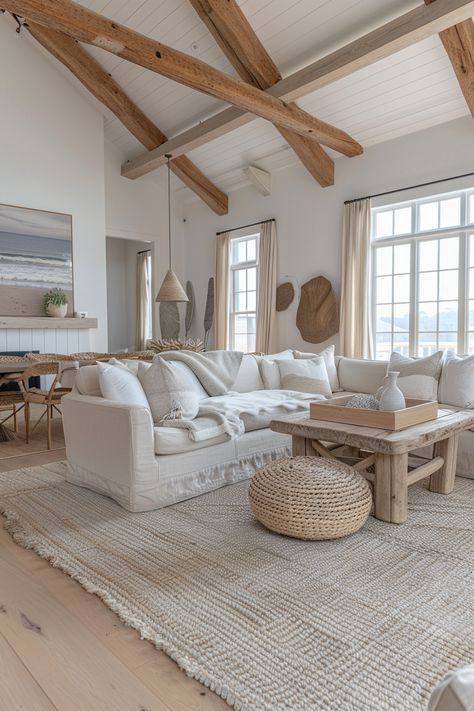 ♥ Dreaming of a coastal living room retreat in California? 🌊✨ Step into this cozy and modern coastal living room with neutral tones that exude elegance. Get inspired by the boho and contemporary decor ideas for creating your own calm and elegant white coastal living space. 🌿🏖️ #CoastalLivingRooms #CaliforniaLiving #LivingRoomInspo Modern Coastal Living Room Sectional, Coastal Indoor Plants Living Rooms, Shaggy Rug Living Room Coastal, Neutral Coastal Living Room Sofas, Neutral Sofa Coastal, California Coastal Living Room, Light And Airy Living Room, Coastal Living Rooms Ideas, Deco 2023