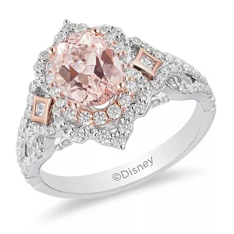 Disney Aurora, Enchanted Disney, Enchanted Disney Fine Jewelry, Disney Fine Jewelry, Princess Cut Engagement Rings, Stylish Rings, Pink Morganite, Gold Halo, Wedding Rings Unique