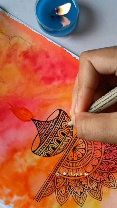 Diwali Theme Drawing, Watercolor Mandala Art With Quotes, Rangoli Drawing On Paper Colourful, Cute Mandala Art With Quotes, Diwali Mandala Art Drawing, Diwali Journal Ideas, Painting On A4 Sheet, Mandala Art For Diwali, Drawing On Diwali