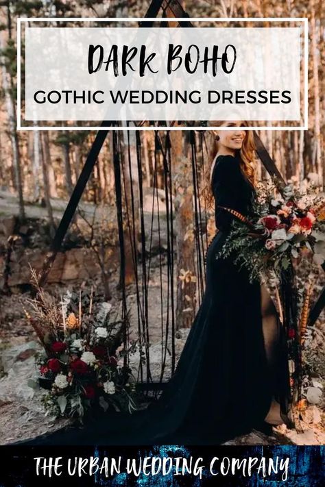 bride in boho lace gothic wedding dress Unique Vow Renewal Dress, Dark Boho Wedding Dress, Boho Halloween Wedding, Boho Black Wedding Dresses, Dark Boho Wedding Decor, Boho Gothic Wedding, Gothic Wedding Theme Ideas, Soft Goth Wedding, Boho Goth Wedding