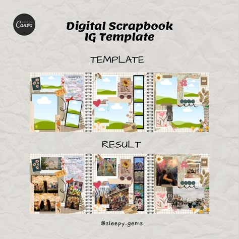 Get this design on Kofi https://ko-fi.com/sleepygems Photos Layout Design, Online Scrapbook Template, Canva Digital Scrapbook Ideas, Ig Digital Scrapbook Template, Canva Scrapbook Template Free, Digital Scrapbook Layouts, Free Scrapbook Templates, Instagram Scrapbook Ideas, Scrapbook Templates Layout