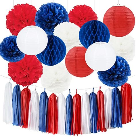 Ball Party Decorations, Nautical Party Decor, Patriotic Decorations Party, Tissue Tassel Garland, White Paper Lanterns, Tissue Paper Tassel Garland, Nautical Party Decorations, Tissue Paper Tassel, Nautical Themed Party