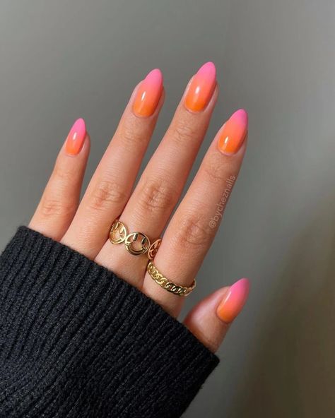 Orange Ombre Nails, Sunset Nails, Almond Nail Art, Orange Nail Designs, Orange Nail, Pink Ombre Nails, Hot Pink Nails, Cute Spring Nails, Ombre Nail Designs