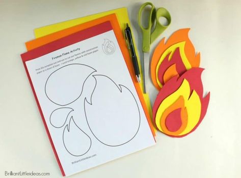 How to Make Fire Flames with Printable Template | Brilliant Little Ideas Fire Crafts For Kids, Pretend Campfire, Fireman Crafts, Pretend Play Ideas, Pentecost Craft, Fireman Birthday Party, Fire Theme, Fire Crafts, Fake Fire