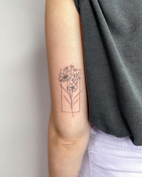 Flower In A Square Tattoo, Flower In A Box Tattoo, Floral Tattoo Geometric, Flower Square Tattoo, Framed Flowers Tattoo, Tattoo Placements On Arm, Box Flower Tattoo, Geometric Botanical Tattoo, Flower Box Tattoo