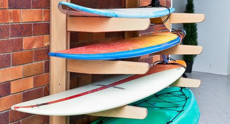 How to make a surfboard rack Surfboard Rack Diy Stand Up, Pvc Surfboard Rack, Surfboard Rack Garage, Vertical Surfboard Rack, Horizontal Surfboard Rack, Spotted Gum Decking, Timber Benchtop, Dulux Weathershield, Decking Oil