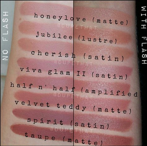 mac honeylove, jubilee, cherish, viva glam II, half n' half, velvet teddy, spirit, taupe Mac Honeylove, Mac Lipstick Swatches, Velvet Teddy, Lip Swatches, Lipstick Swatches, Makeup To Buy, Makeup Swatches, Mac Makeup, Makeup Obsession