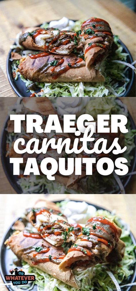 Traeger Carnitas Taquitos How To Make Taquitos, How To Make Carnitas, Bbq Leftovers, Smoker Brisket, Recipes For Big Families, Smoked Dishes, Smoked Chicken Recipes, Electric Smoker Recipes, Pellet Smoker Recipes