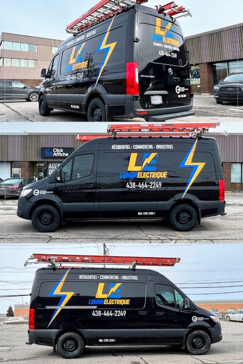 Vehicle lettering on a van 2022 Mercedes-Benz Sprinter Cargo High Roof for the master electrician Leman Électrique. Electrician Van, Master Electrician, Car Branding, Electrical Contractor, Car Lettering, Vehicle Wrap, Van Ideas, Instagram Dp, Vehicle Wraps