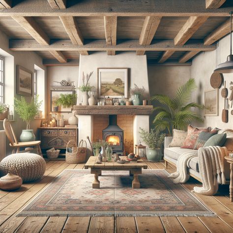 It should have elements such as an inviting fireplace, rustic furniture, quaint wooden beams, and fresh indoor plants to bring in a touch of nature. Add a variety of appealing textures like a knitted throw on a comfy sofa, a vintage rug on a hardwood floor, and throw pillows with floral patterns. Consider weathered finishes and soft, warm colours for the room's elements to suggest a serene and homely atmosphere. This image should be detailed enough to initiate ideas for a home renovation. Wooden Beams, Natural Tones, Cozy Living Rooms, Rustic Elegance, Cozy Living, Rustic House, Rustic Charm, Vintage Decor, Beams