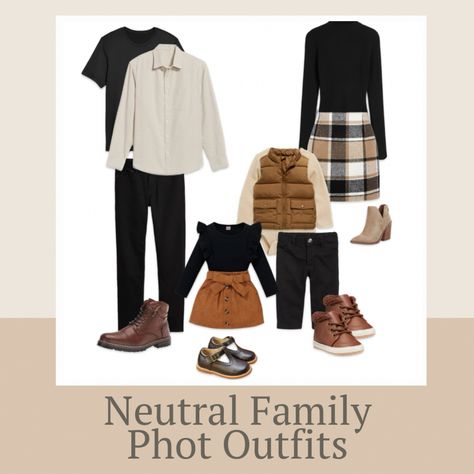 Family Coordinating Outfits Fall, Baby Boy Family Pictures Outfit, Neutral Family Photoshoot Outfits, Tan And Black Family Photo Outfits, Black And Cream Family Photo Outfits, January Family Photo Outfits, Grey And Khaki Outfit, Black And Camel Family Pictures, Black And Tan Family Pictures Outfits