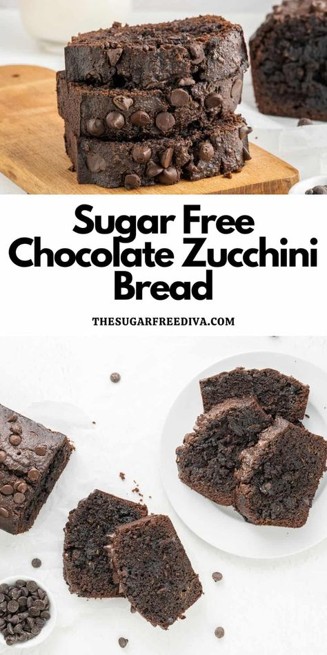 Sugar Free Chocolate Zucchini Bread, a delicious recipe made with fresh zucchini and no added sugar. Keto, Low Carb, Gluten free. Sugar Free Zucchini Bread, Sugar Free Bread, Zucchini Desserts, Zucchini Recipes Dessert, Chocolate Zucchini Muffins, Zucchini Banana Bread, Fresh Zucchini, Chocolate Zucchini Bread, Sugar Free Sweets