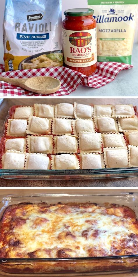 3 Ingredient frozen ravioli dinner casserole! This popular recipe is quick and easy to make and kid approved. Simply layer and bake! No need to even precook the pasta which means just ONE DISH! I’ve probably made this tasty dish 100 times. It’s so easy and versatile for busy weeknight meals. Use any frozen ravioli, any sauce, and any shredded cheese. You could also include ground sausage or beef to the layer. Maybe even some veggies! Make it your way. Beef Ravioli Recipe, Ground Italian Sausage Recipes, Ravioli Dinner, Greek Yogurt Blueberry Muffins, Busy Weeknight Meals, Easy Sausage Recipes, Low Carb Greek Yogurt, Ravioli Casserole, Lazy Lasagna