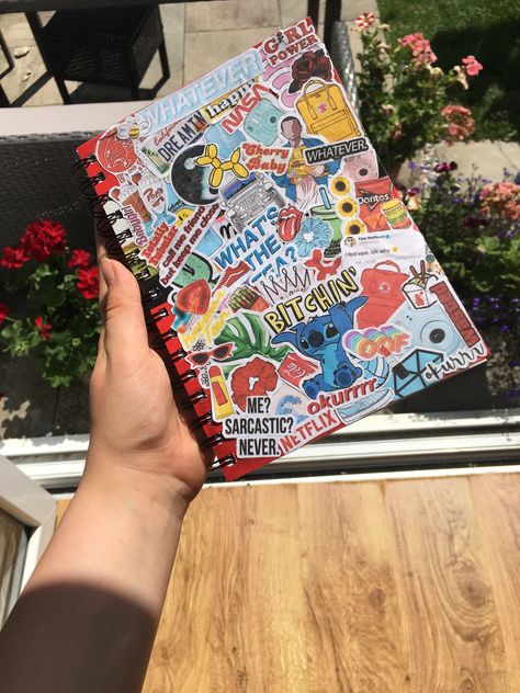 Stickers On Book Cover, Sticker On Notebook Cover, Notebook Cover Art Diy, Notebook Covered In Stickers, Sticker Covered Things, Stickers Placement Ideas, Decorating A Sketchbook Cover, Sticker Covered Notebook, Customized Notebooks Cover