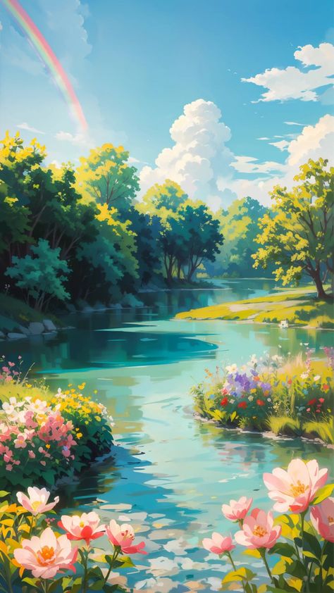 Rainbow Painting, Background Ideas, Beautiful Landscape Wallpaper, Fantasy Art Landscapes, Landscape Illustration, Sky Art, Dreamy Art, Pretty Wallpapers Backgrounds, 영감을 주는 캐릭터