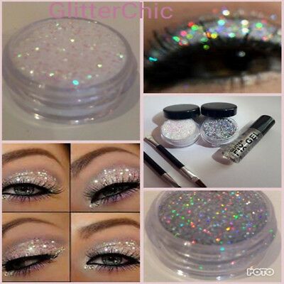 Glitter Eye Shadow Holo Silver+Irridescant Pearl + Fix Gel EXTRA GLAM Twin Set | eBay Silver Glitter Eye Makeup, Dark Circles Makeup, Glitter Eye Shadow, Eyeliner Products, Glitter Eyeshadow Palette, Glitter Eye Makeup, Glitter Eye, Eye Makeup Brushes, Makijaż Smokey Eye