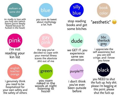 an assignment chart with very specific colors and descriptions Which Vibe Am I Chart, What Moots Am I, What Color Do I Give Off, Which Vibe Am I, What Color Am I, Tag Urself, Twitter Games, Color Meanings, Best Friends Funny